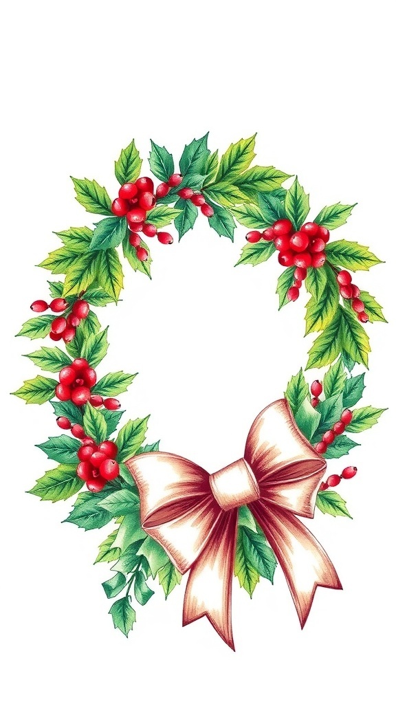 Christmas Wreath Drawing Guide A detailed drawing of a Christmas wreath with green leaves, red berries, and a decorative bow.